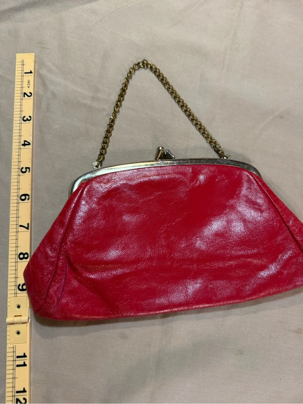 Vintage Red Leather Kiss-Lock Clutch With Chain